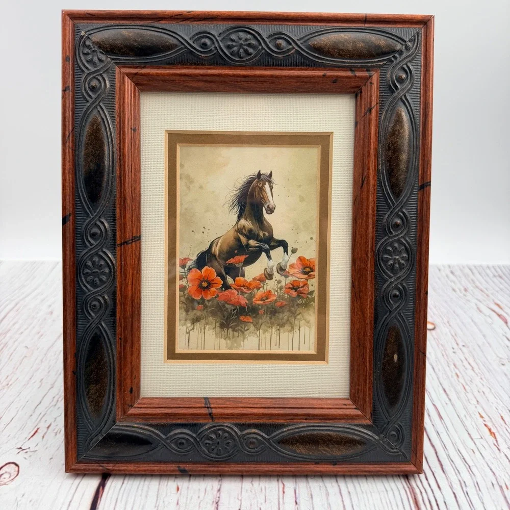 Equestrian Horse Art Print Ornate Wood Frame Brown Orange Poppies Rustic Decor